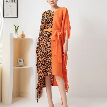 Miyake issey Miyake Pilili Renkli Baskı Elbise Yeni 2022 İlkbahar Sonbahar Moda Gevşek V Yaka Dantel-up Püskül Düzensiz Elbise kadınlar için