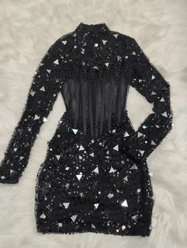 Kaliteli Siyah Pul Seksi Shinning Bodycon Mini Elbise Uzun Kollu Moda Gece Kulübü Cekebrate Parti Elbise Vestido