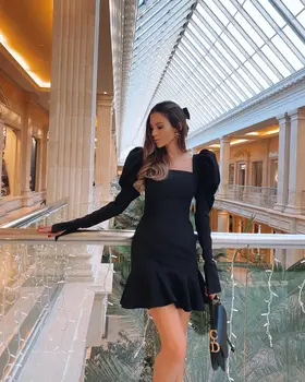 Yeni Yaz Kadın Siyah Ruffles Mini Bandaj Seksi Uzun Puf Kollu Wrap Lady Akşam Kulübü Parti Elbiseler