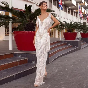 Lüks Beyaz İnciler Tüyler Gelinlik Modelleri Uzun Kollu V Boyun Kanat Ayak Bileği Uzunluk Abiye giyim Dubai Kadınlar Örgün Elbise