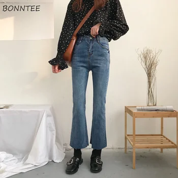 Kot Kadın 2020 Retro Yüksek Bel Ayak Bileği uzunlukta Basit Bayan Flare Jean Kore Tarzı Tüm Maç Elastik Fermuar Fly Moda Günlük