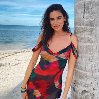 Yaz Çiçek Baskı Kolsuz Kapalı Omuz Baskı Seksi Maxi Sundress Uzun Boho Plaj Kadınlar için Zarif Elbiseler Vestido Feminino