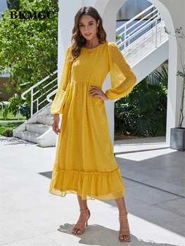 BKMGC Sarı 3D Nokta Patchwork O-Boyun Dantel Backline Örgü Şifon Fırfır Etek Uzun Kollu Maxi Elbise Kadınlar İçin Yaz Sonbahar Kumaş