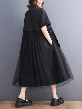 Siyah Vintage Mesh Patchwork Gömlek Elbiseler Kadınlar İçin Kısa Kollu Gevşek Casual Midi yaz elbisesi Moda Zarif Giyim 2022