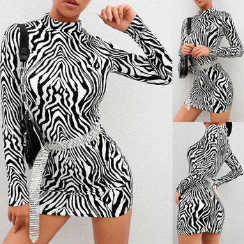 Moda Seksi Kadınlar Bodycon Uzun Kollu Zebra Çizgili Elbise Clubwear Baskı Balıkçı Yaka İnce Elbise Akşam Parti Mini Kalem Elbise