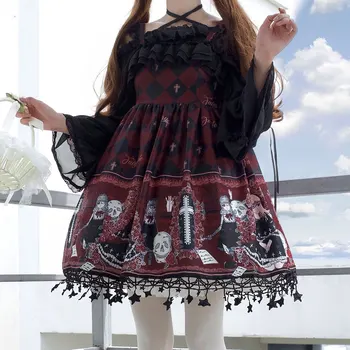 Gotik Lolita Elbise Hayalet Kafatası Kız Vestido Japon Tarzı Jsk Siyah Bluz Kawaii Kadınlar Punk Askı Kırmızı Elbiseler