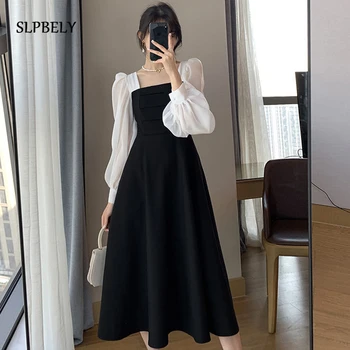 SLPBELY Fransa Zarif siyah Elbise Kadınlar İçin Sonbahar Retro Uzun Kollu Midi Elbise 2021 Moda Vintage Hepburn Bir Çizgi Parti Elbise