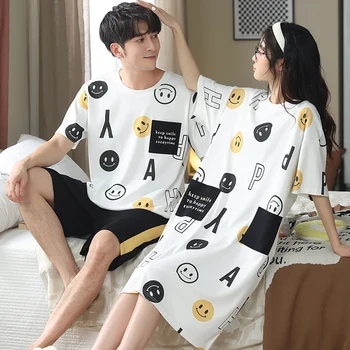 Çift Pijama Setleri Yaz %100 % Pamuk Kısa Kollu Erkek Pijama Seksi Kadın Gecelik