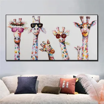 Soyut Suluboya Hayvan Yağlıboya Tuval üzerine Komik Zürafa Fil İnek At Posterler Resimleri Modern Oturma Odası Dekor