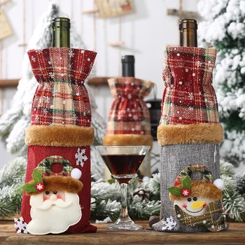 Noel şarap şişesi kapağı mutlu yılbaşı dekoru Tatil Noel Baba Şampanya Keten Kar Karikatür İpli şarap şişesi seti