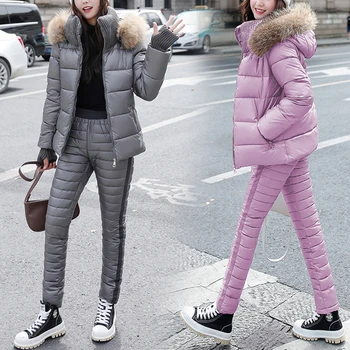 Moda İki Parçalı Kıyafetler Kadınlar İçin Uzun Kollu kapüşonlu ceket Ve pamuklu pantolonlar Yeni Kış Parka Bayanlar Katı Kalın Rahat Takım Elbise Seti