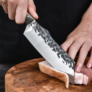 Mutfak bıçağı paslanmaz çelik el dövme çekiç tahıl çelik kafa şef bıçağı çift çelik kafa bıçak ahşap saplı et kesici