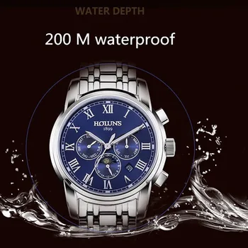 Lüks HOLUNS Marka erkek saati Otomatik mekanik saatler Tam Çelik Su Geçirmez Erkek Casual İş kol saati Saatler