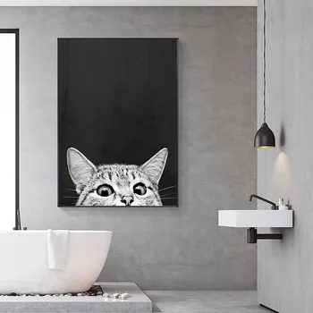Basit İskandinav Tarzı Tuval Boyama Karikatür Kedi Posterler ve Baskılar Duvar Sanatı Siyah ve Beyaz Resimleri Çocuk Odası Ev Dekorasyon