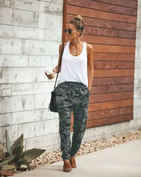 Rahat Yüksek Bel Askeri Ordu Gevşek Cepler Kargo Pantolon Koşu spor salonu pantolonu Kadın Kamuflaj kamuflajlı pantolon