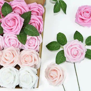 25 adet / kutu yapay çiçekler Allık Güller Gerçekçi Sahte Güller w / Kök DIY Düğün Buketleri Bebek Duş Ev Süslemeleri
