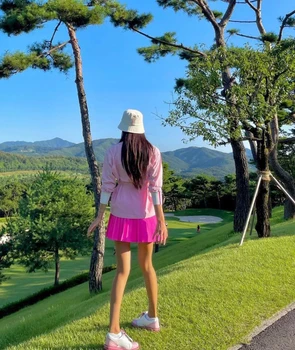 Kadın golf gömlekleri Uzun Tasarım Rüzgarlık Moda Rüzgar Geçirmez Ceket Pembe Golf Üst Kazak Yuvarlak Boyun İnce Bel Rüzgarlık