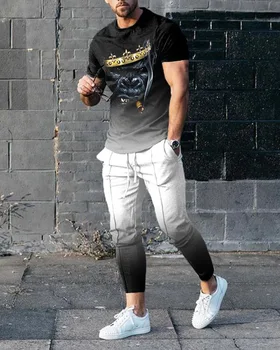 Erkek Pantolon eşofman 2 Parça set 3D Baskılı Yaz Kısa Kollu T Gömlek + Uzun Pantolon eşofman erkekler spor Sokak Giysileri