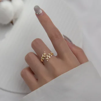 WANTME 925 Ayar Gümüş Tatlı Romantik Zirkon Açık Şube Küçük Yaprak Ayarlanabilir Yüzük Kadınlar için Kore Düğün Parti Takı