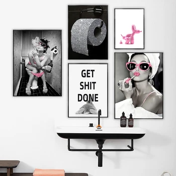 WC Tuvalet Posteri Dekorasyon Moda Seksi Çıplak Kadın Dekoratif Tablolar Bling Rulo Kağıt Tuval Duvar Sanatı Resimleri Banyo İçin