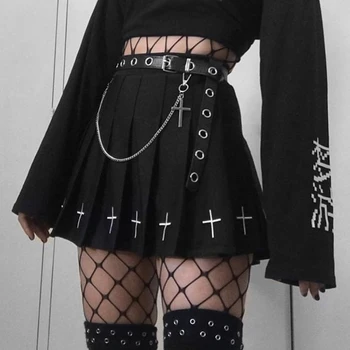 InsDoıt Siyah Pilili Etek Kadın Gotik Harajuku Yüksek Bel Mini Etek Çapraz Baskı Casual Streetwear Seksi Etekler Estetik Şık