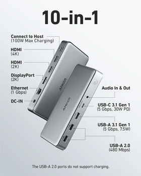 Anker Üçlü Ekran Yerleştirme İstasyonu M1 MacBook 563 USB C Yerleştirme İstasyonu (10-in-1) Çift HDMI Bağlantı Noktaları ve DisplayPort