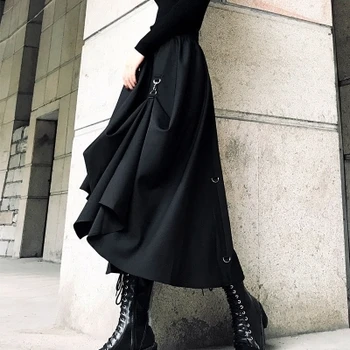 Harajuku Punk Tarzı Etekler Yüksek Bel Ekleme Toka Düzensiz Gotik Etek Siyah Streetwear Serçe Ayarlanabilir Gotik Etek