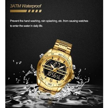 NAVIFORCE Lüks Altın İzle Erkekler Paslanmaz Çelik Dijital Spor Chronograph Kuvars kol saati İkili Zaman Aydınlık Su Geçirmez Saat