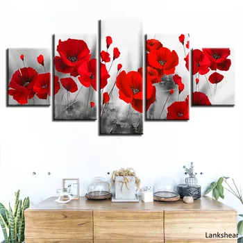 Tuval Baskılı Resimler Oturma Odası Duvar Sanatı Çerçeve 5 Parça Romantik Gelincikler Resimleri Kırmızı Çiçekler Poster Modüler Ev Dekor