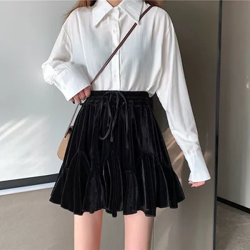 Estetik Etekler Kadın A-line Yüksek Bel Siyah Moda İpli Tüm Maç Kore Tarzı Harajuku Sonbahar Mini Kawaii Faldas