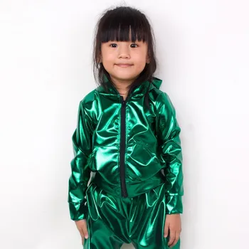 Yeni 2021 İlkbahar Sonbahar Çocuklar Yeşil Cepler Bombacı Ceket Sahne Performansı Giyim Madeni Pul Feminina Casaco Hip Hop Dans Ceket