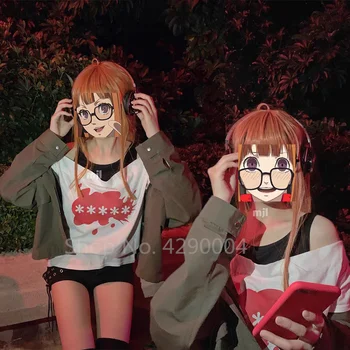 Kadın Kızlar Cadılar Bayramı Tam Set Oyun Persona 5 Futaba Sakura Cosplay Kostüm Rahat Ceket Ceket Gömlek P5 Üniforma günlük giysi Peruk