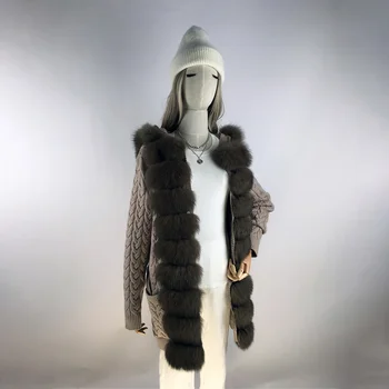 Kış Hırka Uzun Kollu Örme Kazak Kadınlar Doğal Fox Kürk Palto Hood Kalın Sıcak Kadın Giysileri İle Gerçek Kürk Yaka 2021