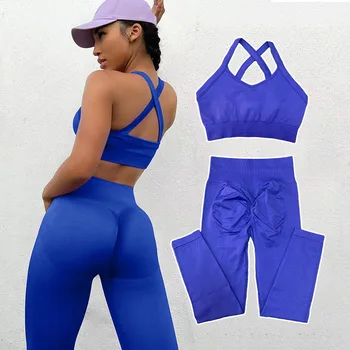 Klein Mavi 2 Adet Dikişsiz Yoga Seti Kadın Spor Sutyeni fitness pantolonları Spor Giyim Egzersiz Üstleri Yüksek Bel Tayt Atletik Giyim