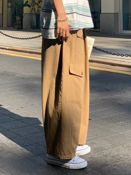 HOUZHOU Streetwear Kahverengi Kargo Pantolon Kadın Vintage Boy Haki Geniş Bacak Pantolon 90s Tarzı Siyah Joggers Kore Moda