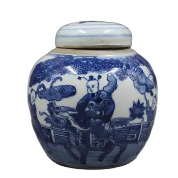 Çin Eski Porselen Mavi ve Beyaz Figür Boyama Metin Potu