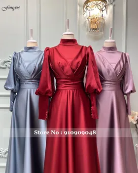 Zarif A-Line Saten Başörtüsü Abiye giyim Uzun Kollu Müslüman Örgün balo kıyafetleri Basit Abiye Gece Elbisesi Abendkleider 2022