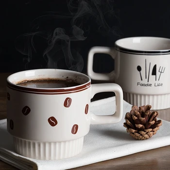 Kahve fincan seti 4 Porselen 320ml Seramik İstiflenebilir El Boyalı Kahve Kupa Demir Raf Fincan Seti Çay ve Kahve Drinkware
