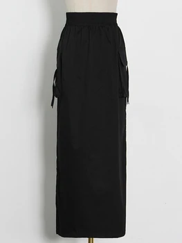 TWOTWINSTYLE Siyah Patchwork Cep Etek Kadınlar Için Yüksek Bel İpli Midi Casual Etekler Kadın Moda Yeni Giyim Bahar