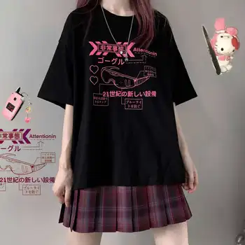 2022 Yaz Kadın T-shirt Casual Harajuku Japonya Tarzı Giysiler Anime Gotik Punk Ullzang Gevşek Kısa Kollu Tişört Kadın Üstleri