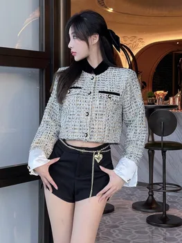 Yüksek Kaliteli Lüks Küçük Koku Tüvit Ceket Kadın Fransız Vintage İnce Yün Kısa Ceket Moda Streetwear Zarif Dış Giyim