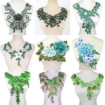 1 adet Kumaş Yeşil Çiçek Dantel Dikiş Aplike Dantel Yaka Yaka Aplike DIY giyim aksesuarı Scrapbooking