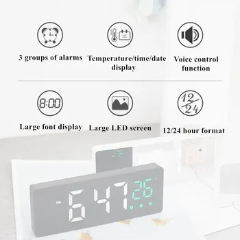Dijital alarmlı saat Saat Ses Kontrolü Erteleme Süresi Sıcaklık Göstergesi Masa Saati 3 Alarm Ayna LED Saat USB kablosu