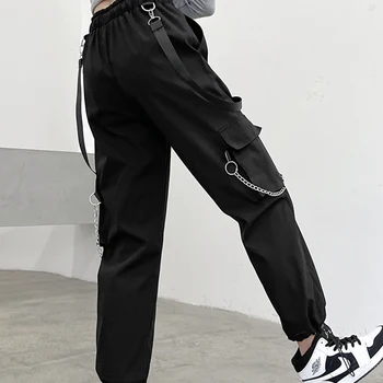 Kadın kargo Pantolon Toka Şerit Cep Jogger Elastik Bel Yüksek Hip Hop Streetwear Harajuku Pantolon Zinciri Kadın Pantolon