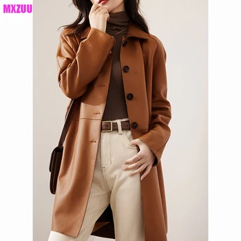 Kadınlar için Sonbahar yüksek kalite hakiki Deri Ceket Manteau Femme Yaka Tek Göğüslü Orta ila Uzun Koyun Derisi Ceket