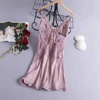 Yaz Kayış Gecelik Seksi Kadınlar Backless Gecelik Kıyafeti dantel kesik dekolte Chemise Kıyafeti İpeksi Saten Pijama Ev Elbise