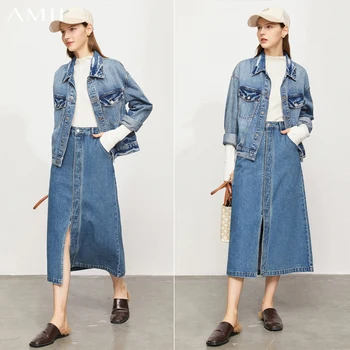 Amii Minimalizm Denim Etekler Kadın Streetwear Yüksek Bel Bölünmüş Jean Etek Kadın Uzun Etek Moda kadın Etekler 12130301