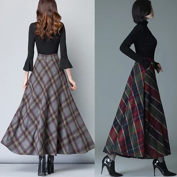 Yüksek Bel Yün ekose Etekler Vintage Sonbahar Kış sıcak kadın Midi Etekler Kadın Moda Rahat Uzun Streetwear 2022