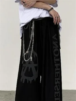 QWEEK Gotik Koyu Akademi Tarzı Geniş Bacak Pantolon Merkezi Goth Streetwear Grunge Graffiti Boy Zincir Düz Pantolon Kadın için