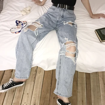 Kot Kadın Şık Yırtık Düz Delik Katı Gevşek Genç S-5XL Yüksek Bel Kot Pantolon Femme Vintage Yaz Kore Moda Ins